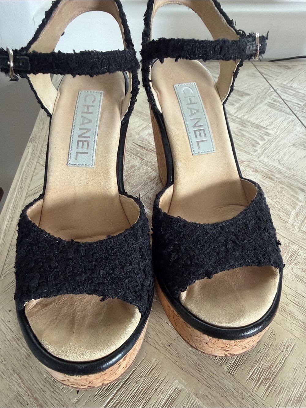CHANEL Black Tweed Ankle-Strap Cork Platform Sandals